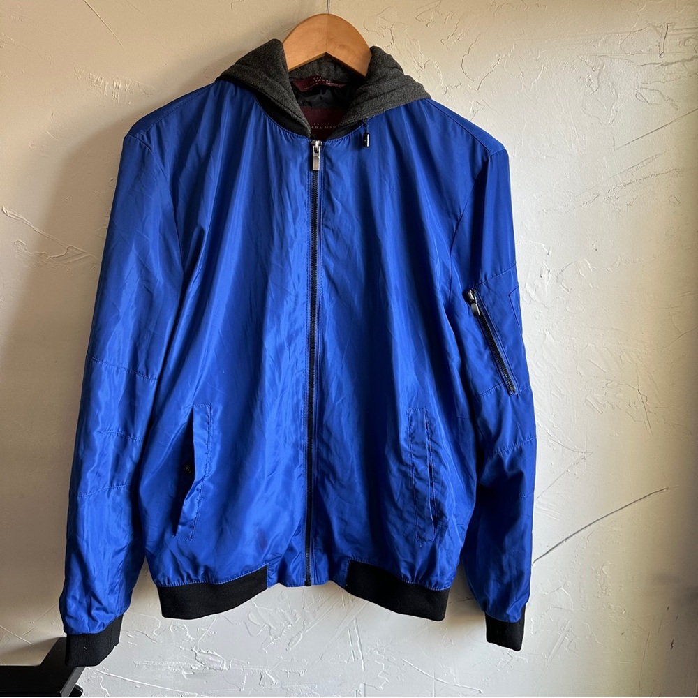 Zara Man Royal Blue and Grey Hooded Sweatshirt Bomber Jacket Size M Y2K